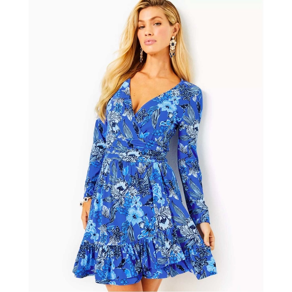 Lilly Pulitzer Codylee Long Sleeve Alba Blue Romper, Medium, Tropical, Preppy